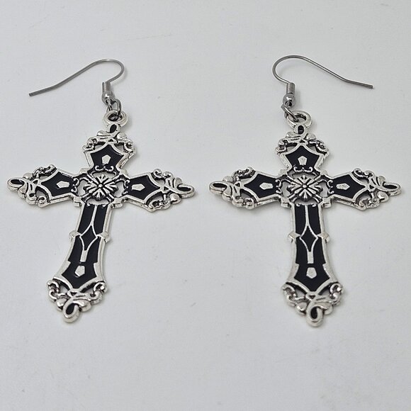 Pair of Gothic Crosses Design Black Dangle Earrings - Picture 2 of 3